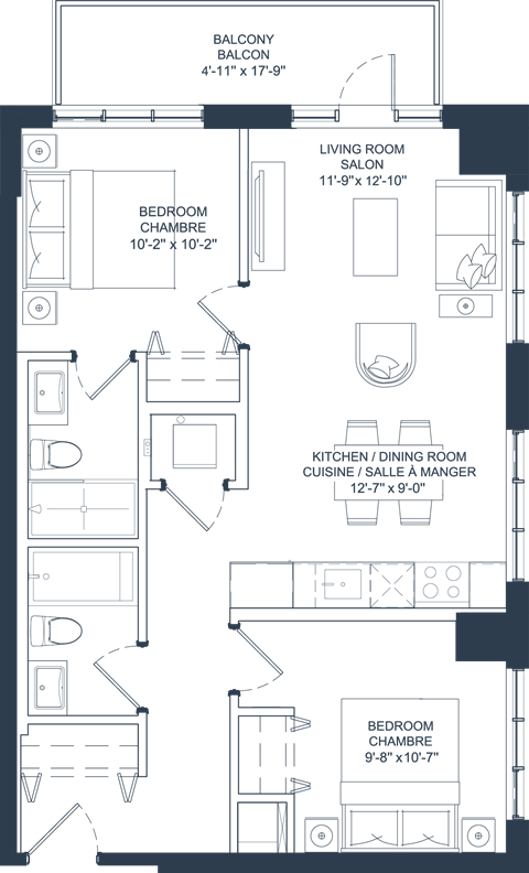 Floor plan for 2 beds, 2 baths, 1047 sqft